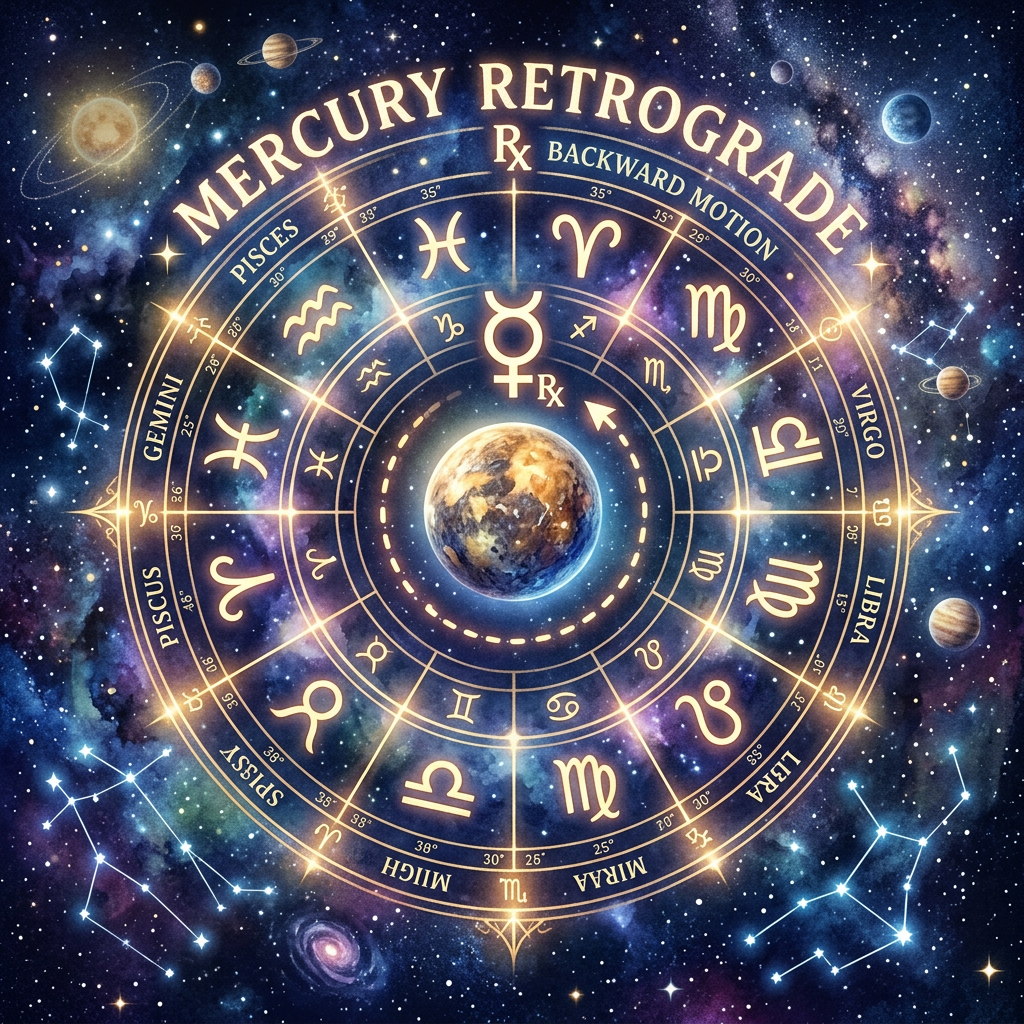 Zodiac signs arranged in a circular chart with Mercury retrograde symbol and planetary background