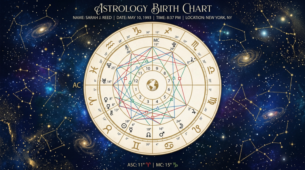 Astrology birth chart with zodiac signs, planetary symbols, and aspects for Sarah J. Reed dated May 10, 1993 at 8:37 PM in New York, NY