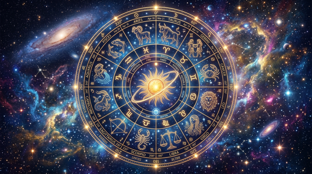 Zodiac wheel displaying astrological signs with the sun at the center against a starry space background
