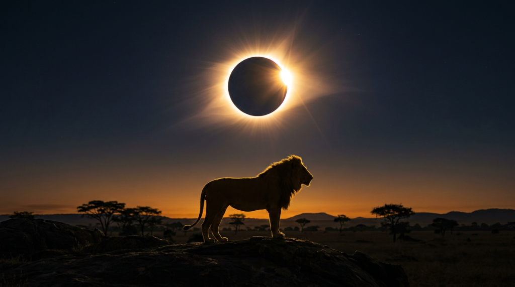 Silhouette of a lion standing on a rocky hill with a solar eclipse in the sky